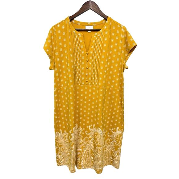 J jill Dresses & Skirts - J.Jill Women’s Mustard Yellow Paisley Border Print Knit Dress L Pockets Stretch